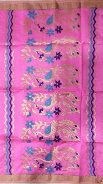Baby pink & Golden Traditional Peacock Butta Handloom Baha Jamdani Saree