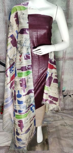 Chocolate Brown Tussar Ghicha Silk Suit With Digital Print Dupatta From Bihar