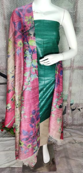 Teal Green Tussar Ghicha Silk Suit With Digital Print Dupatta From Bihar