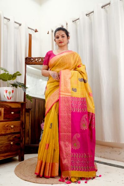 Arylide Yellow Pure handloom Silk Mango Design Saree