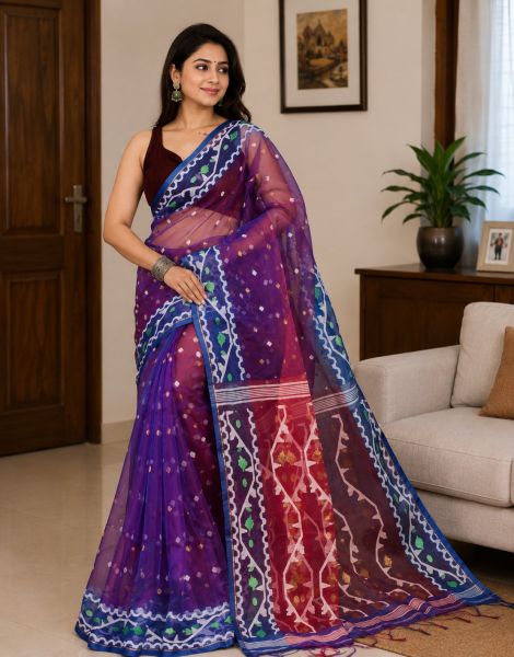Bright Purple Pure Handloom Resham Cotton saree From bengal