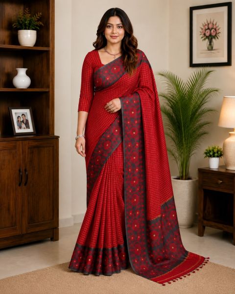 Dark Red Pure Handloom Dhakai Jamdani Saree From Bengal