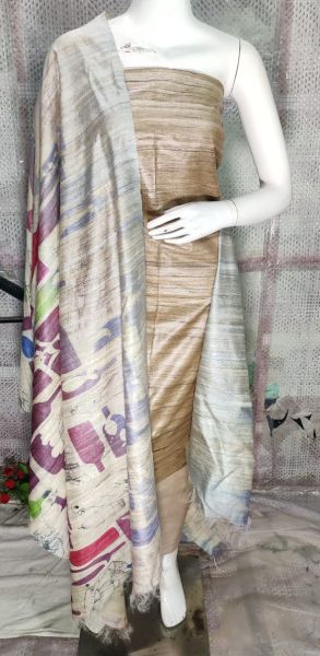 Light Brown Pure Tussar Ghicha Silk Suit With Digital Print Dupatta From Bihar