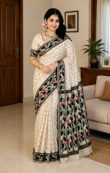 Off White Pure Handloom Dhakai Jamdani Saree From Bengal
