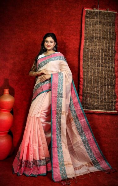 Cream Pure Handloom Tissue Cotton Saree From Bengal