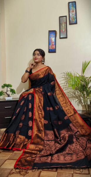 Baltic Sea Koper Zari Cotton Banarasi Saree