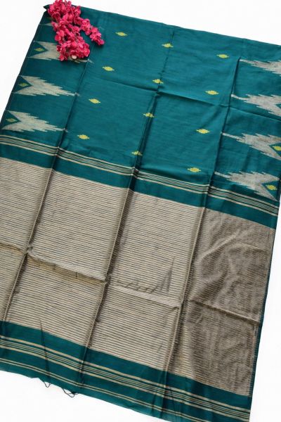Sea Green Ghicha Silk Cotton Pure Handloom Saree From Bengal