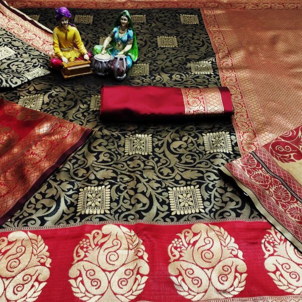 Black And Red Rich Pallu And Jacquard Work Soft Silk Saree