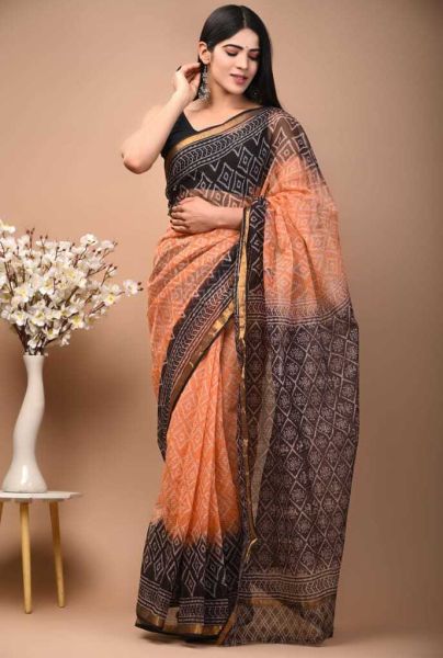 Black And Orange Kota Doria Cotton Printed Saree