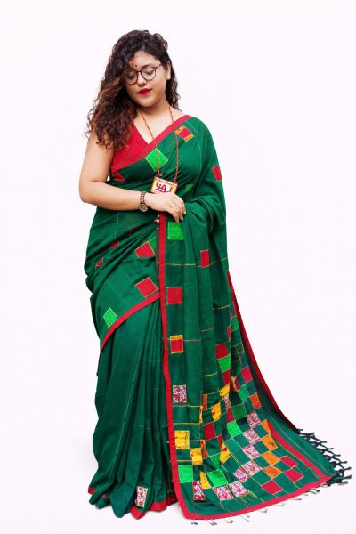 Aqua Green Pure Handloom Cotton Saree From Bengal
