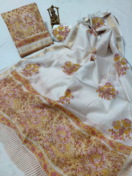 White Yellow Hand Block Printed Maheswari Silk Kurti Dupatta And Cotton Pant