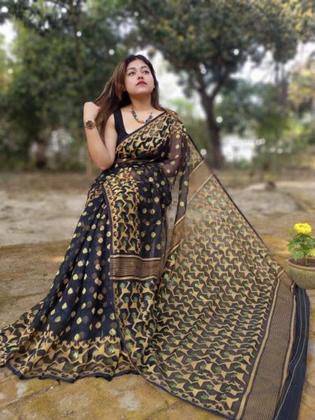 Black Butta Design Pure Handloom Dhakai Jamdani Saree