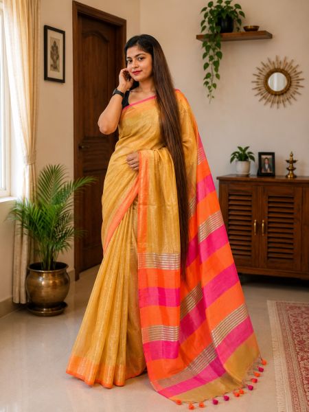Golden Yellow With Multi - Colored Striped Pallu Pure Handloom Tissue Cotton Saree From Bengal
