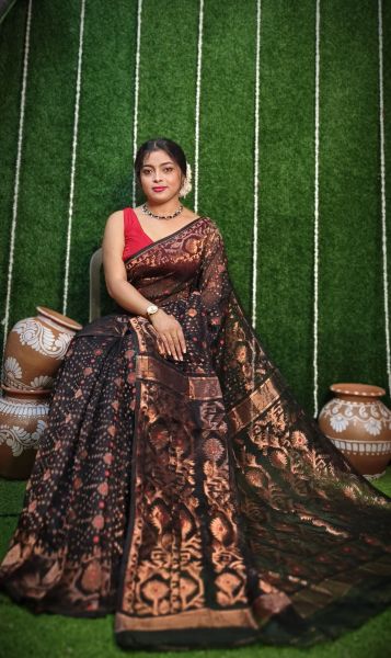 Black Copper Exclusive Zari Soft Dakhai Jamdani Saree