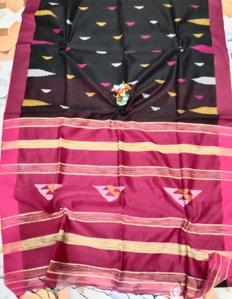 Black And Pink Cotton Silk Hand Weaving saree