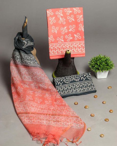 Black Peach Hand Block Printed Cotton Suit And Pant And Kota Dupatta