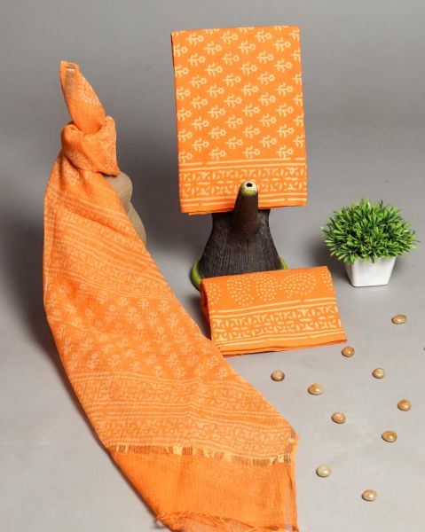 Orange Hand Block Printed Cotton Suit And Pant And Kota Dupatta