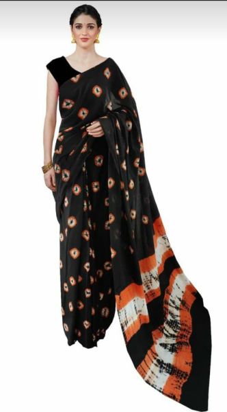 Black Circle Hand Block Cotton Mulmul Saree