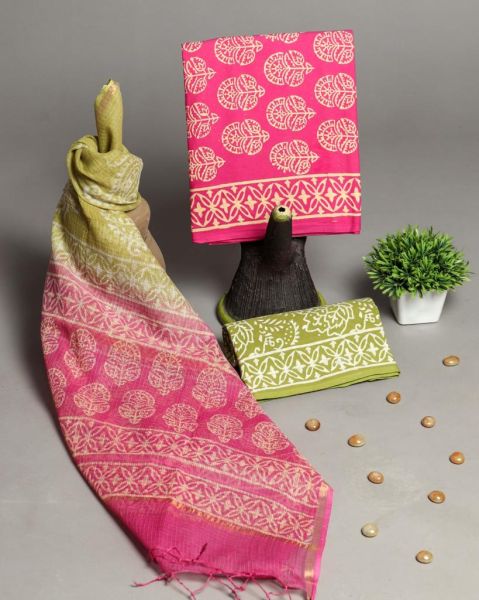 Olive Green Pink Hand Block Printed Cotton Suit And Pant And Kota Dupatta