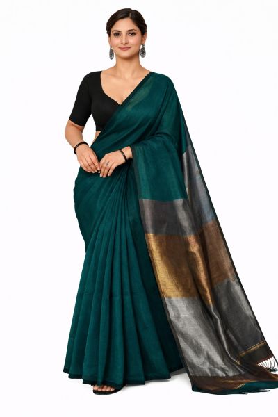 Sea Green Golden Silver Pure Handloom Cotton Saree From Bengal
