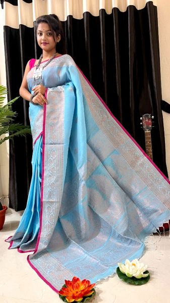 Baby Blue Pure Handloom Soft Cotton By linen Flower Design Saree