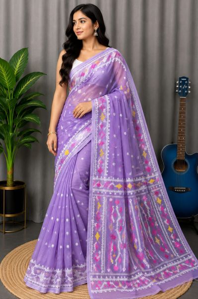 Lavender Pure Handloom Dhakai Jamdani Saree From Bengal