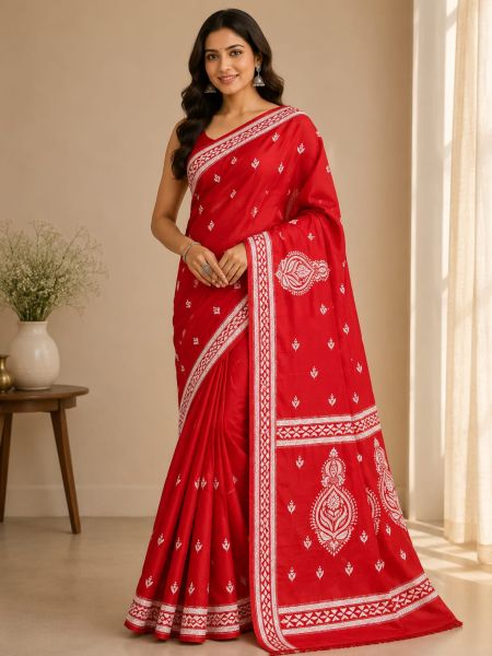 Red Pure Handloom Semi Silk Kanthastitch Saree From Bengal