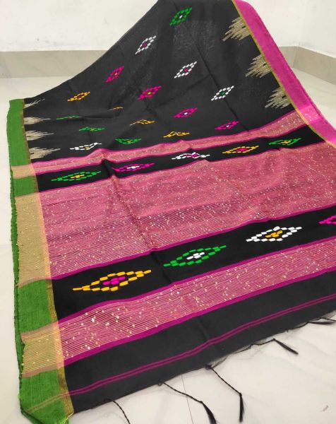 Black And Pink Cotton Sequence Handloom Weaving Bengal Saree