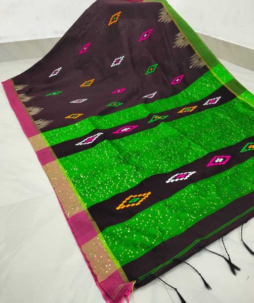 Black And Parrot Green Cotton Sequence Handloom Weaving Bengal Saree