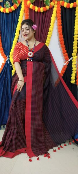 Black Checks Design Pure Handloom Cotton Saree