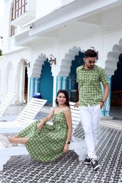 Moss Green Traditional Bagru Hand Block Printed Cotton One Piece Combo