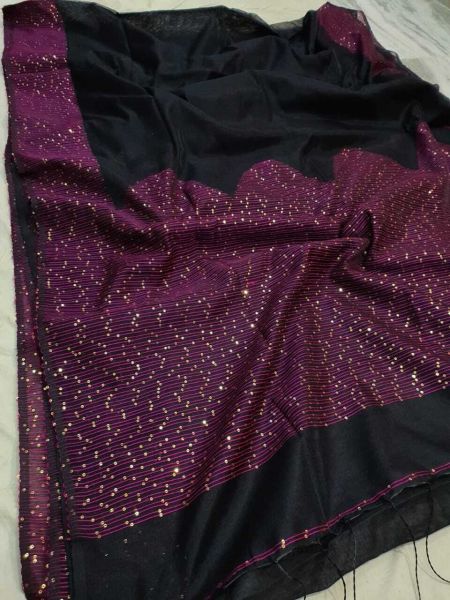 Black And Purple Resham Cotton Sequence Jamdani Saree