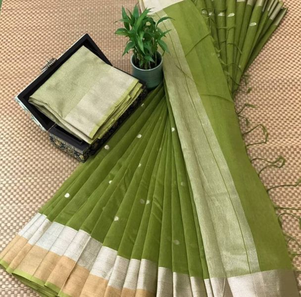 Army Green Viscose Silk Saree With Zari Border From Bihar