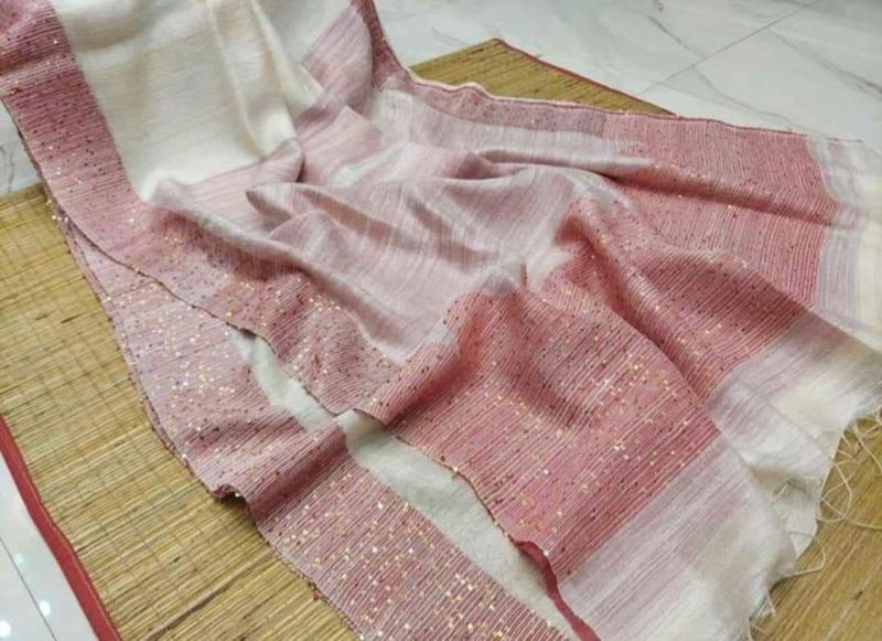 Baby Pink Resham Cotton Sequence Jamdani Saree