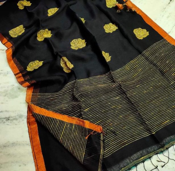 Black Butta Design Pure Handloom Linen Saree