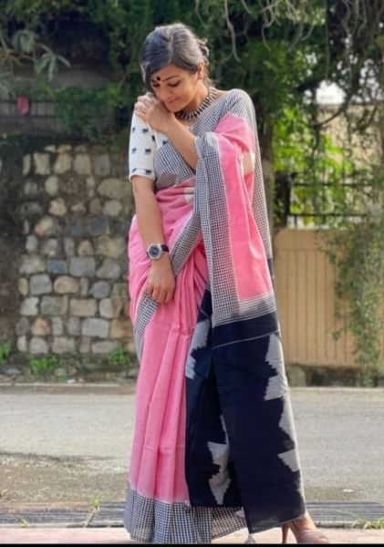 Baby Pink Hand Block Cotton Mulmul Saree