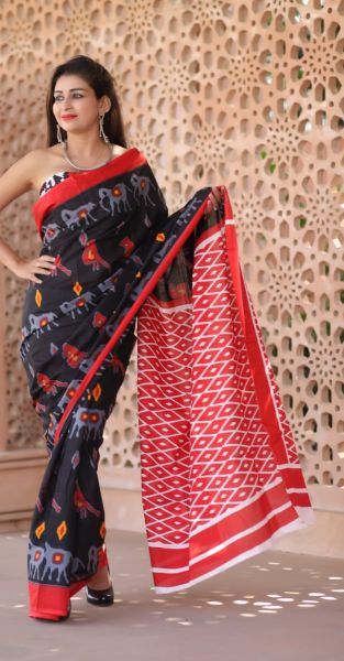 Black And Orange Hand Block Cotton Mulmul Saree