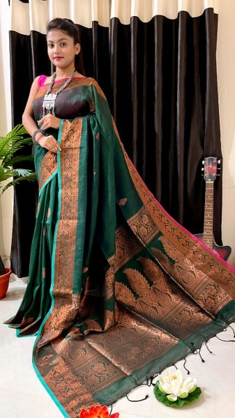 Palm Green Pure Handloom Soft Cotton By linen Flower Design Saree