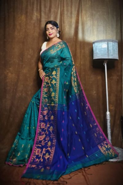 Green Silk Cotton Pure Handloom Cotton Saree
