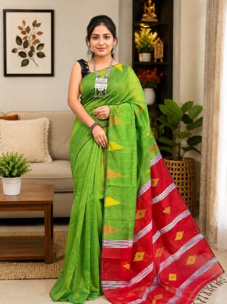 Parrot Green Pure Handloom silk Cotton saree From Bengal