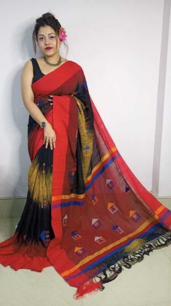 Black And Red Pure Handloom Cotton Saree From Bengal