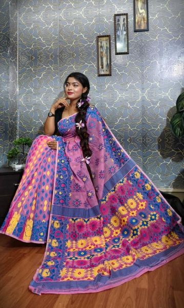 Baby Pink Dhakai Jamdani Flower Design saree From Bengal