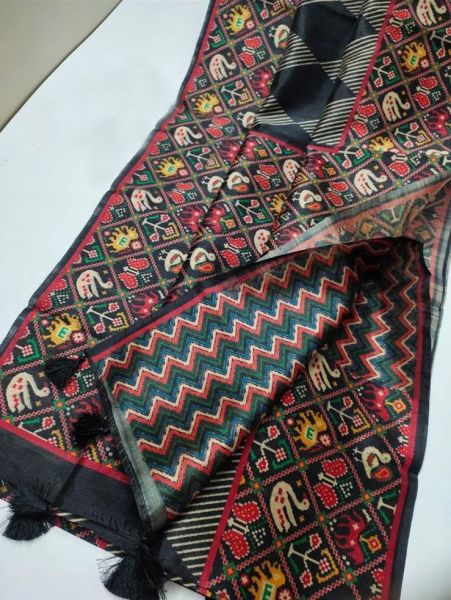 Black Digital Print Patola Design Tussar Saree
