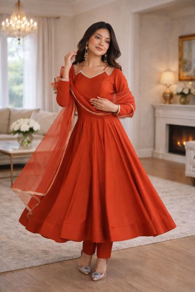 Pure Romansilk Chanderi Fabric Fully Flare Anarkali,With Duppata Set Pent Ready To Wear