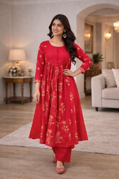Red Kurti Malmal Chanderi With Embroidered Work