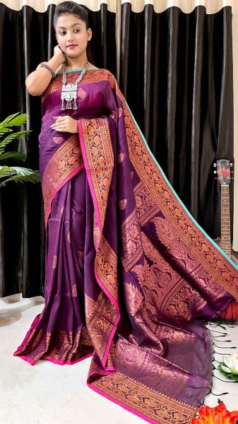purple Pure Handloom Soft Cotton By linen Flower Design Saree