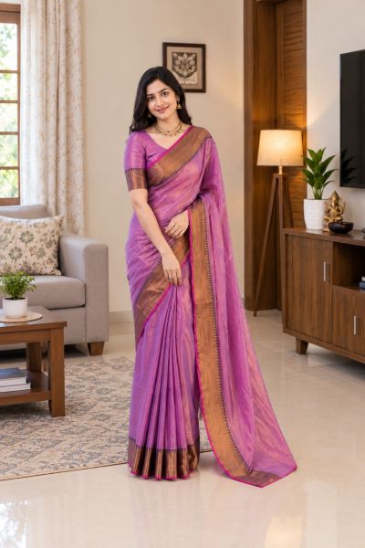 Light Purple Pure handloom Tissue Cotton Saree From Bengal