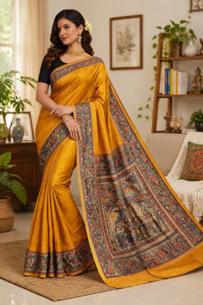 Mustard Yellow Elegant Women Madhubani Handcrafted Handloom Pure Tassar Silk Saree