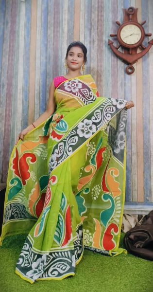 Light Green Hand Printed Pure Handloom Resham Kota Saree