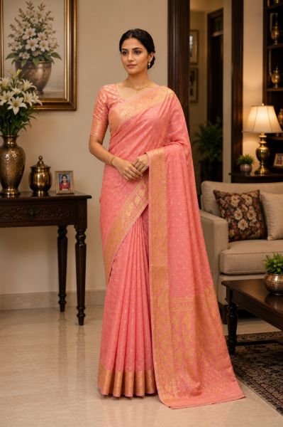 Coral Pink Pure Handloom Dhakai Jamdani Saree From Bengal